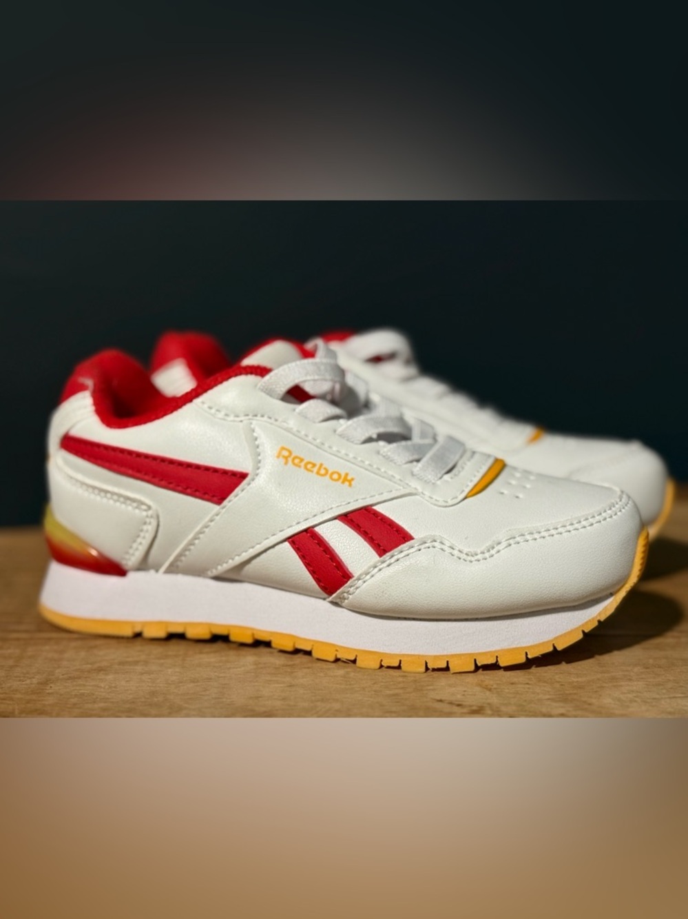Reebok Light Up Kids White Sneakers with Red Stripes and Yellow Accents